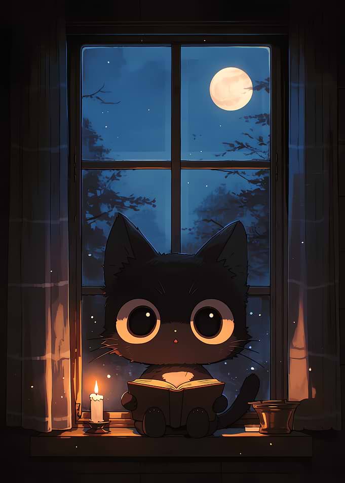 Cute black cat reading by moonlight