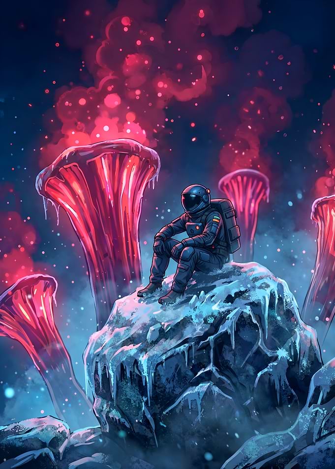 Astronaut on alien planet with glowing flora
