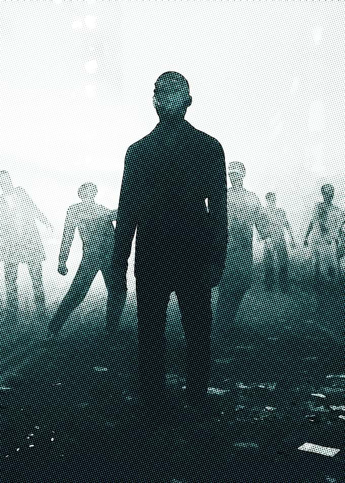 Silhouetted figures in a dystopian landscape
