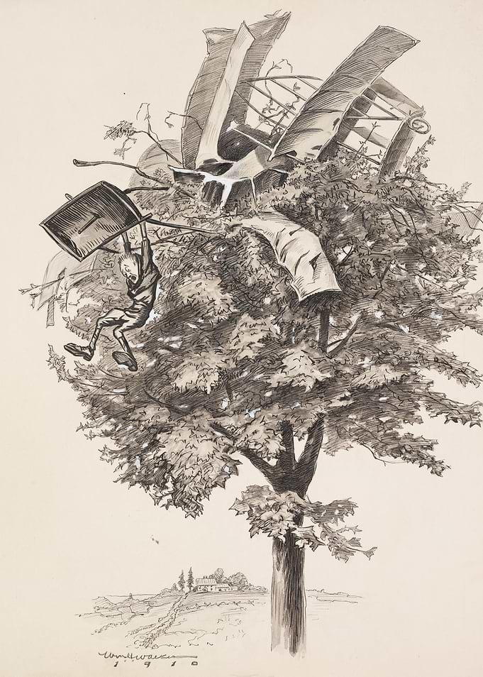 Man hanging from a tree with debris