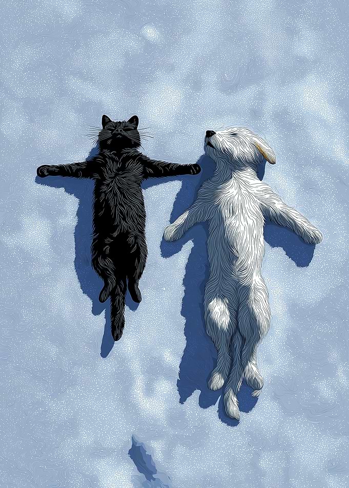 Cat and Dog Lying in Snow