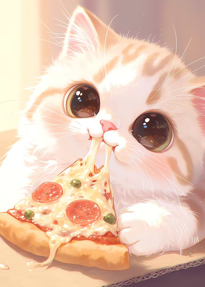 Cute Cat Eating Pizza