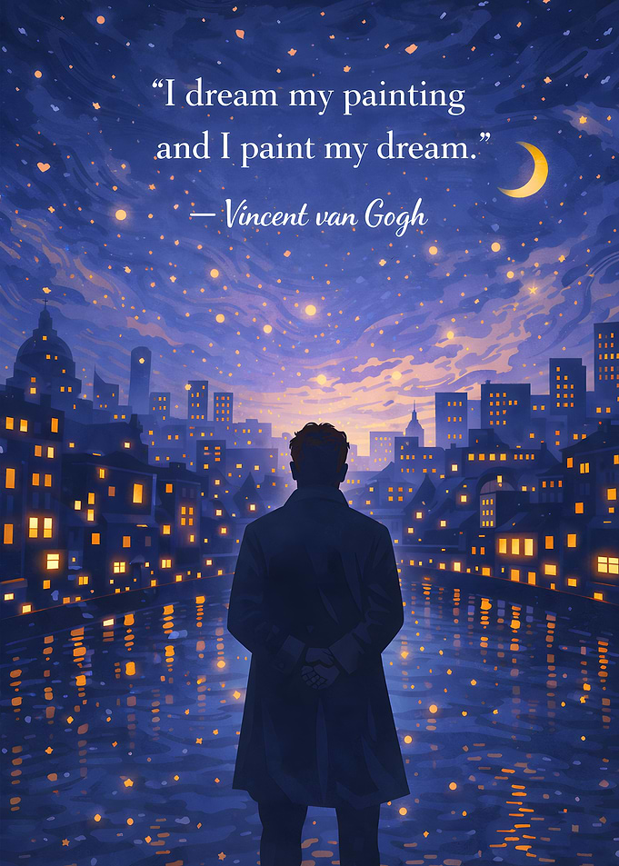 Man gazing at a starry cityscape