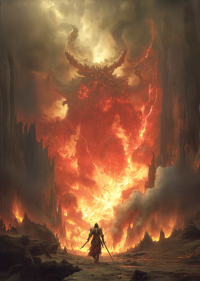 Warrior facing a fiery demon