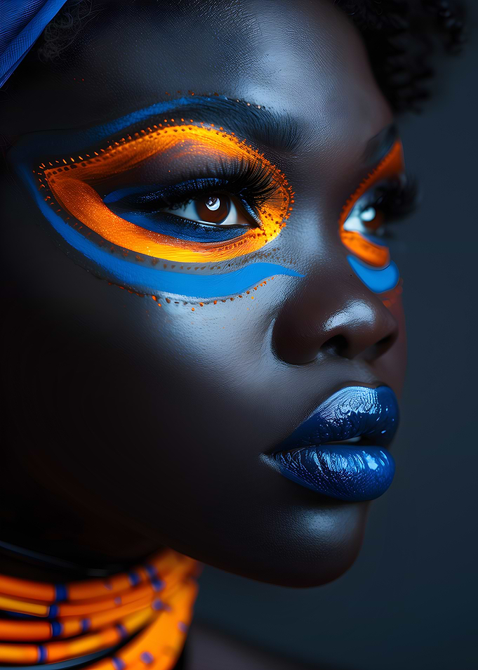 Woman with Vibrant Blue and Orange Makeup
