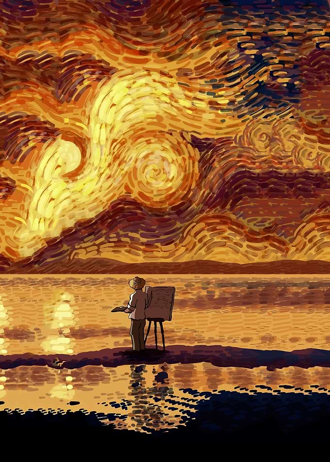 Artist painting a Van Gogh-inspired sky