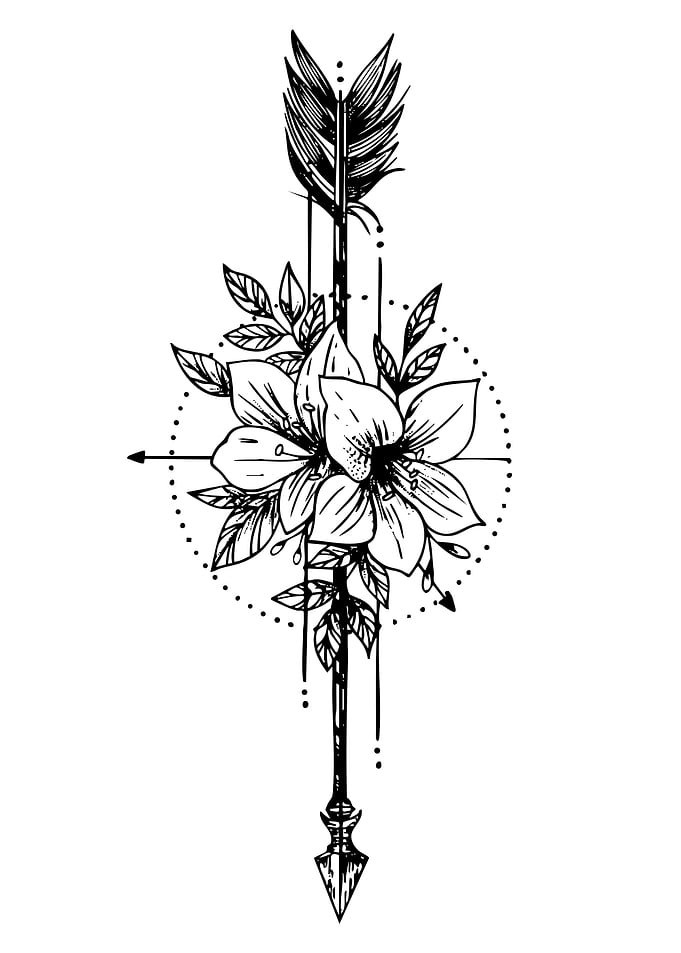 Arrow and Floral Compass Tattoo Design