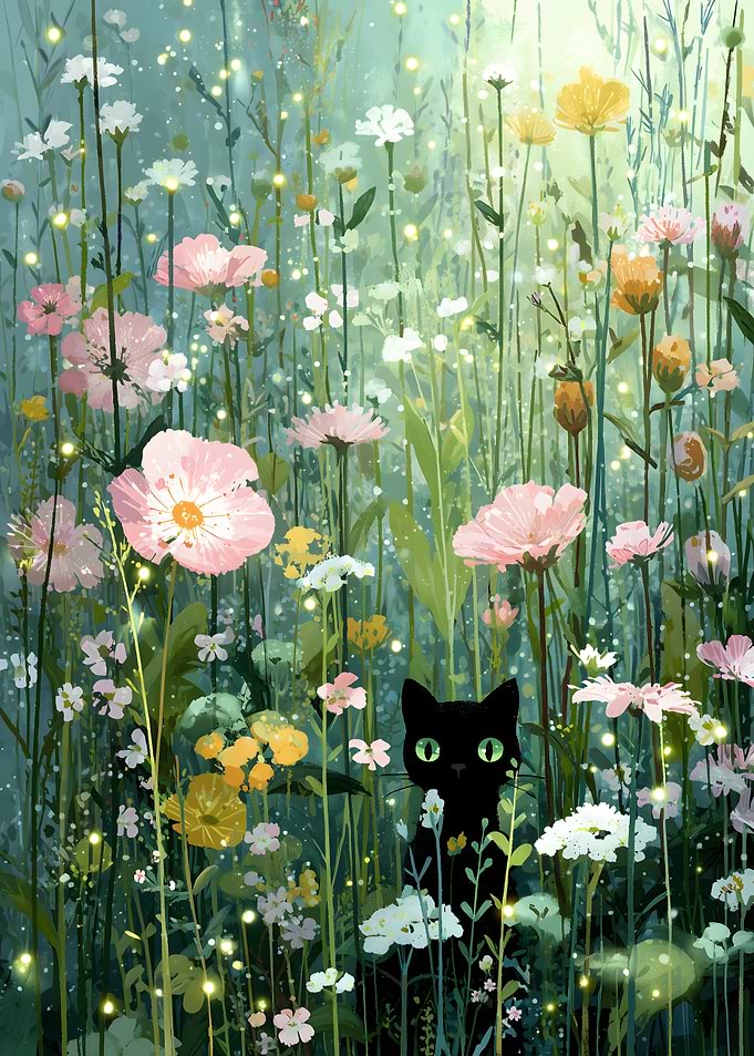 Black Cat in a Field of Flowers