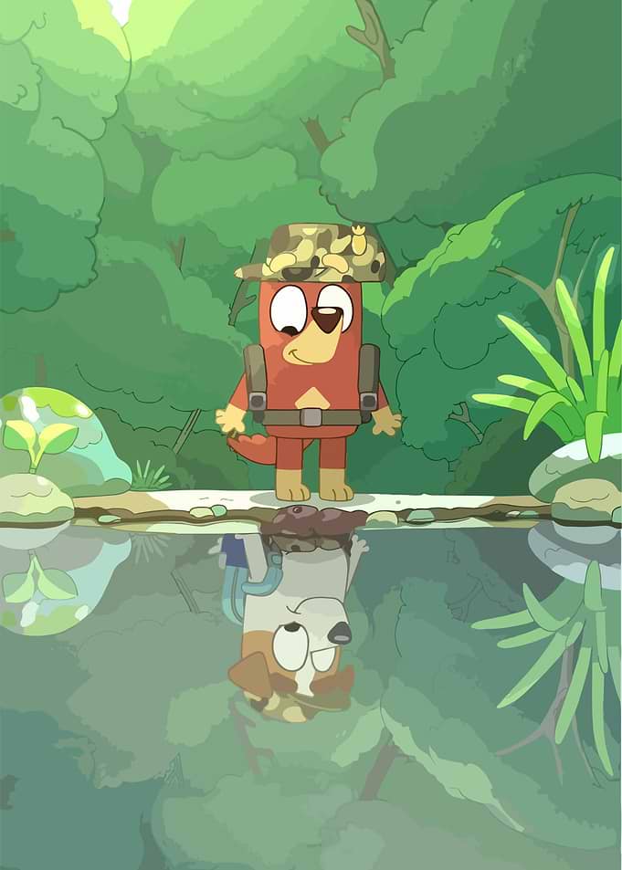 Bluey character in jungle with reflection