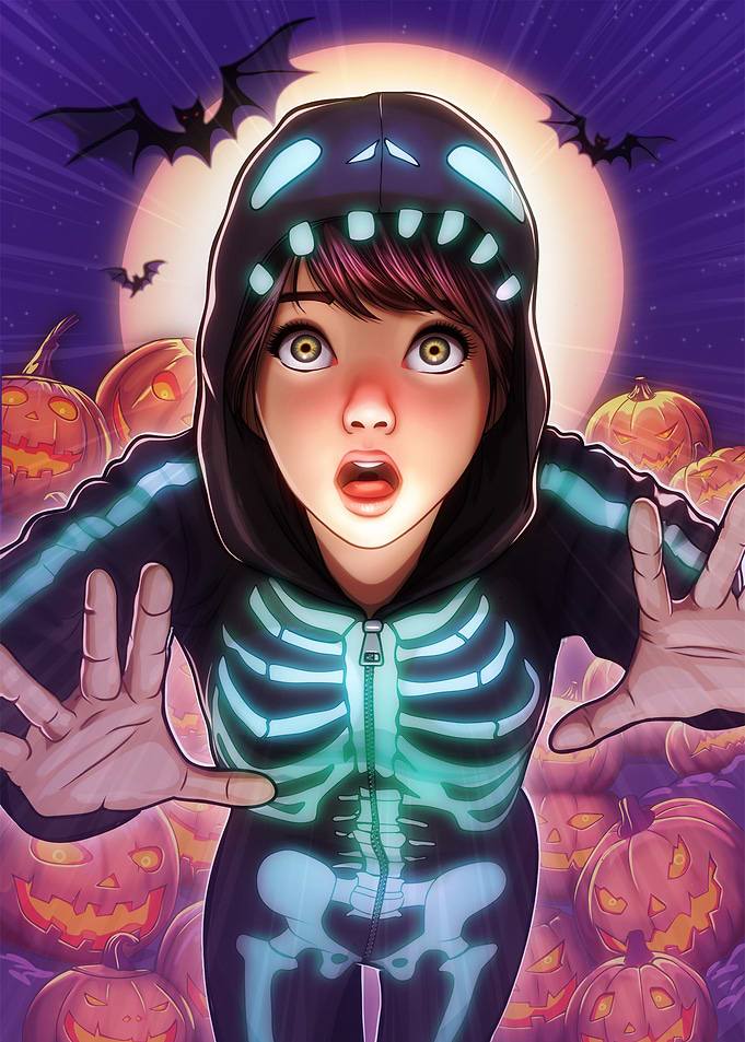 Scared girl in skeleton costume for Halloween