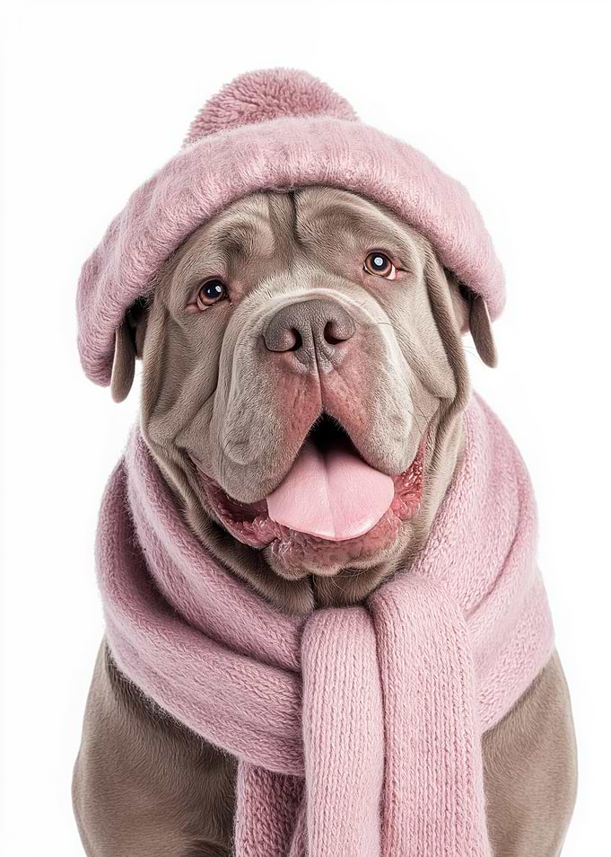 Cozy Neapolitan Mastiff in Pink Winter Hat and Scarf