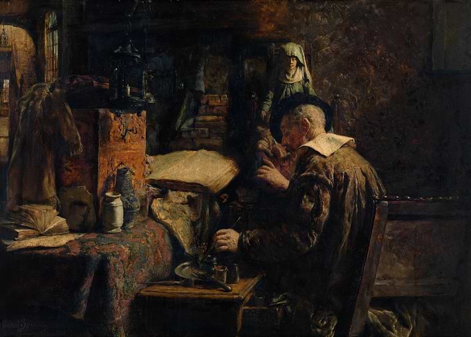 Monk Studying in a Dimly Lit Room
