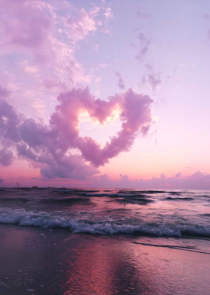 Heart-shaped cloud over the ocean at sunset