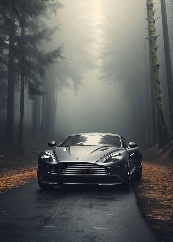 Luxury car in a foggy forest