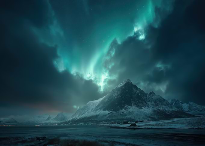 Aurora Borealis over Snowy Mountains
