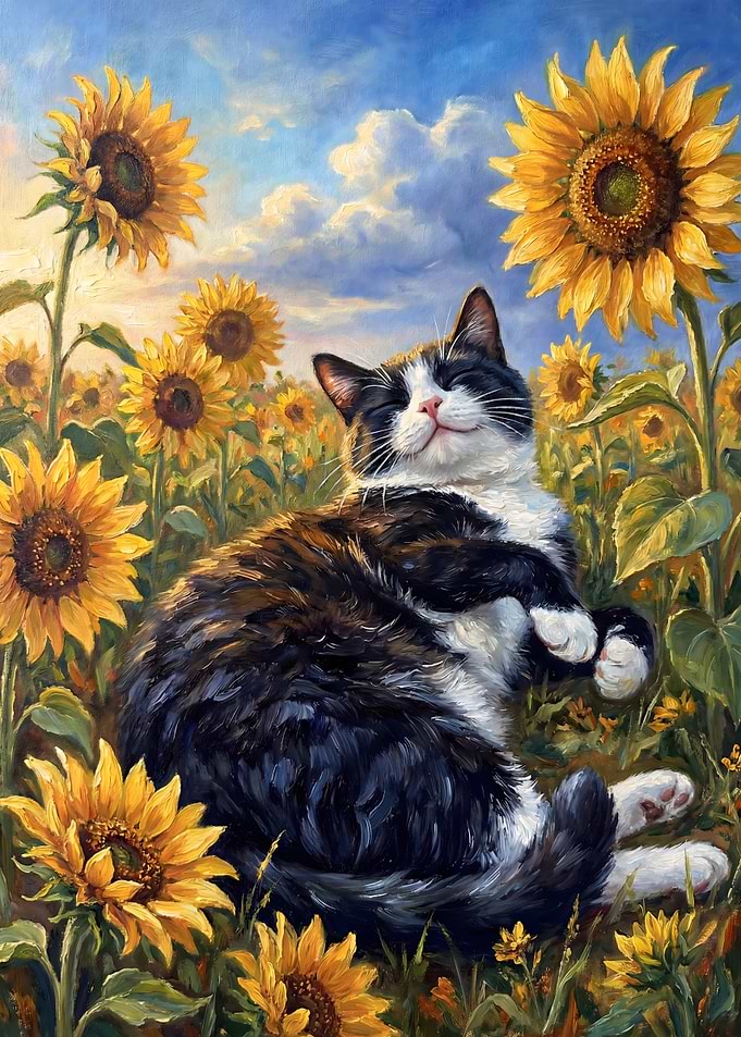 Tuxedo Cat in Sunflower Field