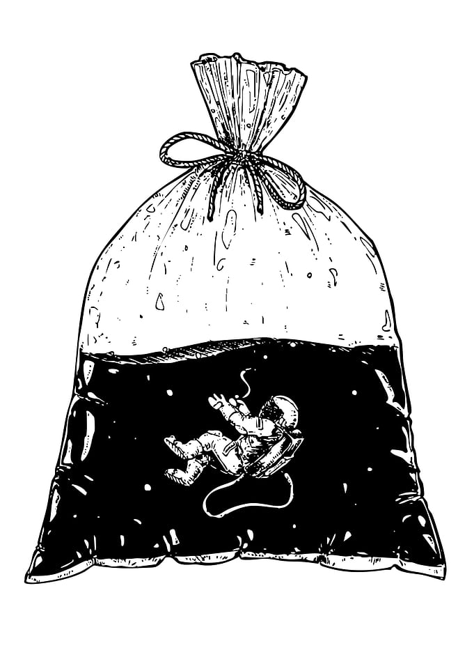 Astronaut floating in a bag of dark liquid