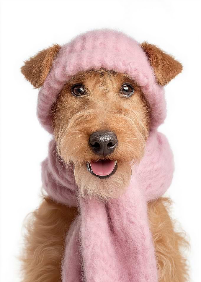Cozy Welsh Terrier Dog Wearing Pink Winter Hat and Scarf