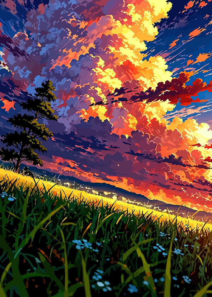 Dramatic Sunset Over Grassy Hill