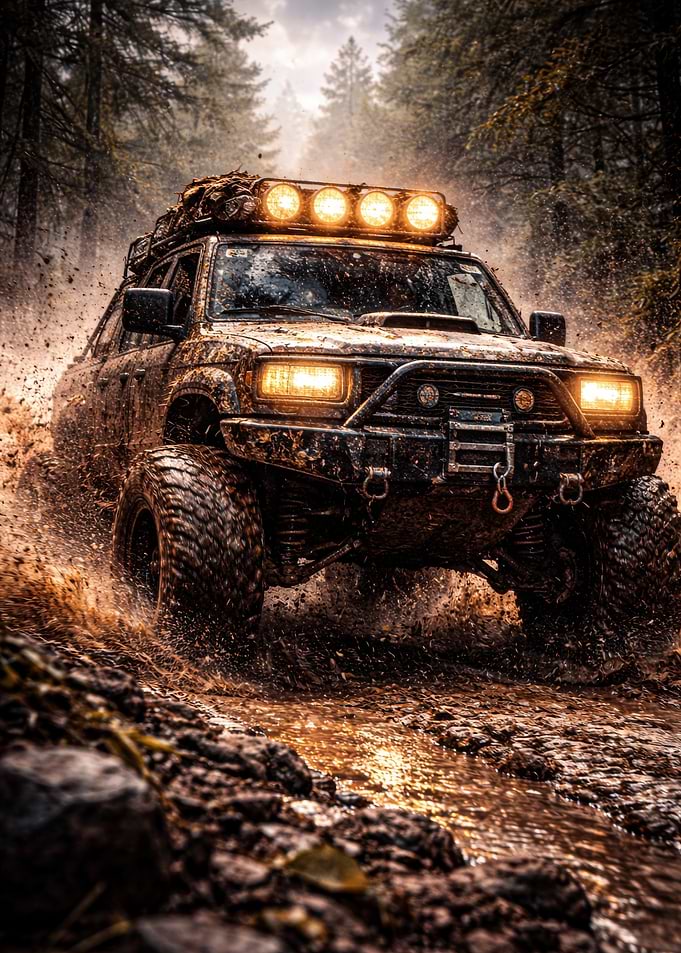 Off-road vehicle splashing through mud