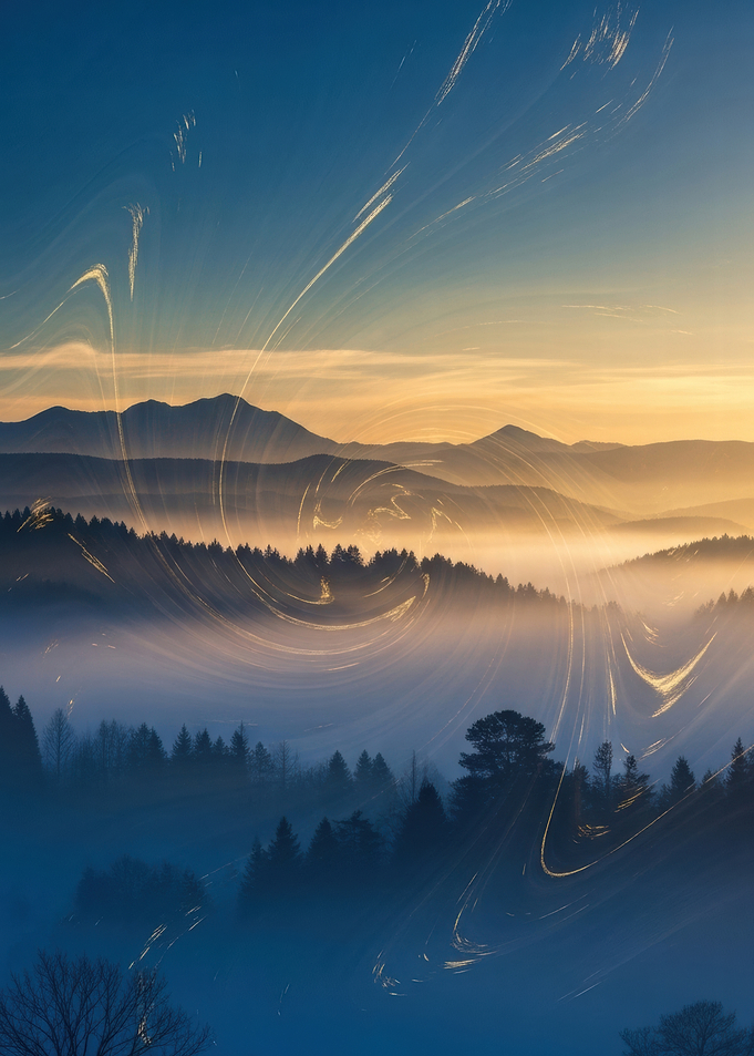 Misty Mountains with Swirling Light Trails