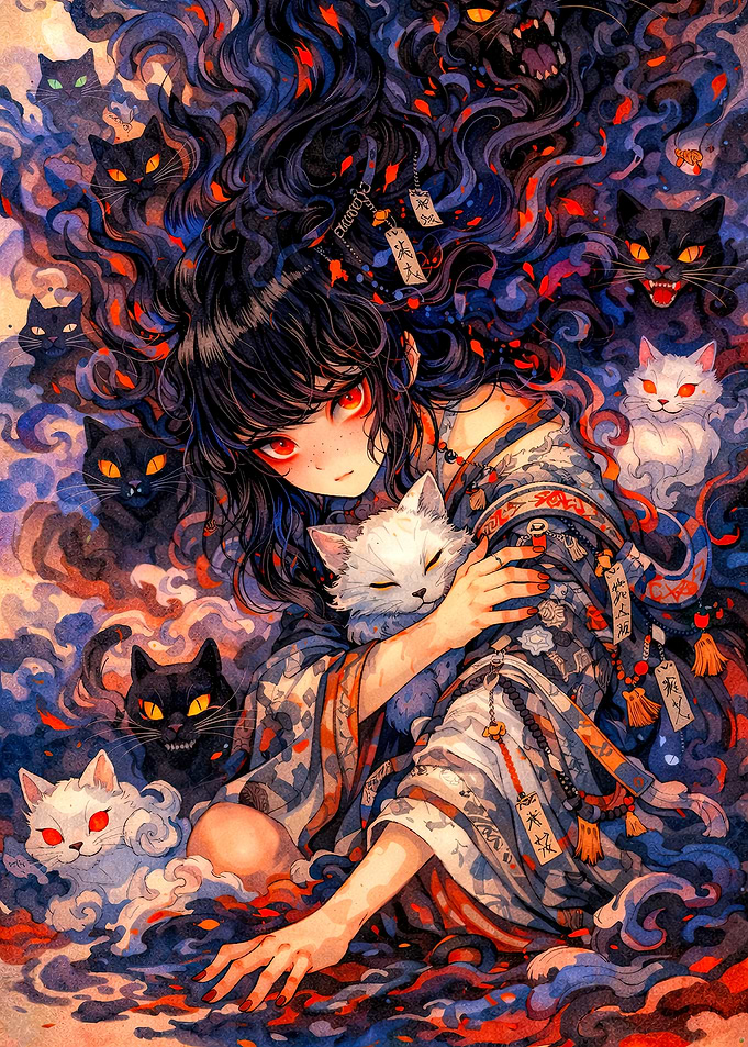 Girl with Black Cats and White Cat