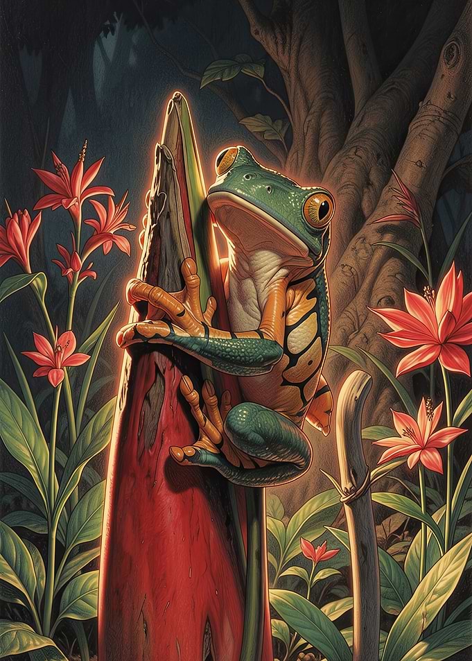 Vibrant Frog on a Red Log