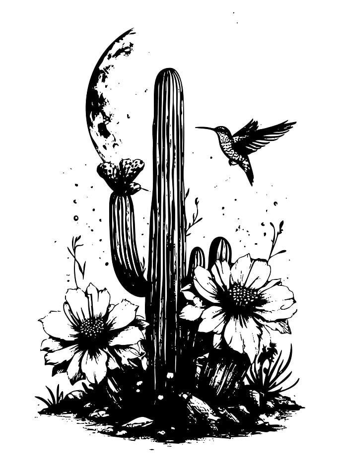 Desert Night Scene with Hummingbird