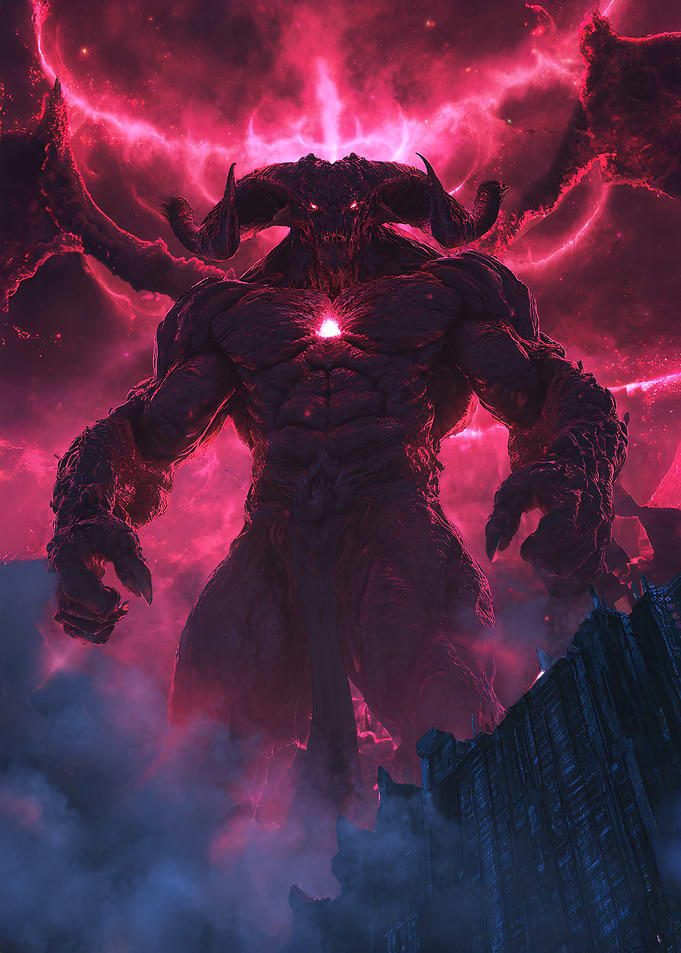 Demonic Figure in Fiery Sky