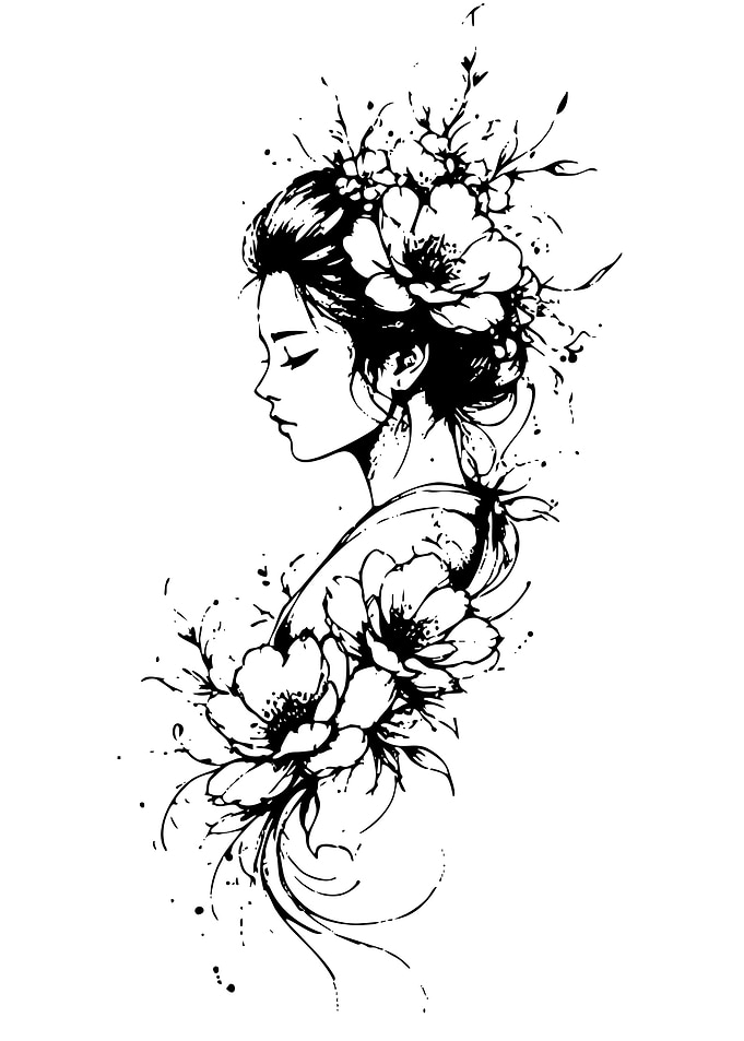 Woman with Flowers Tattoo Design