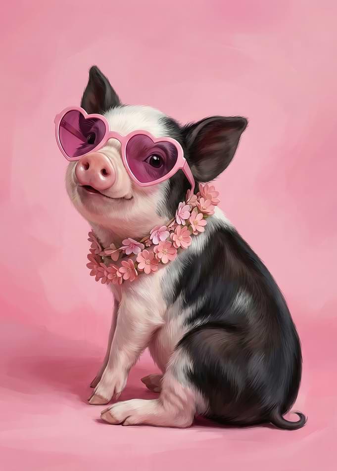 Cute Piglet with Heart Sunglasses and Flower Lei