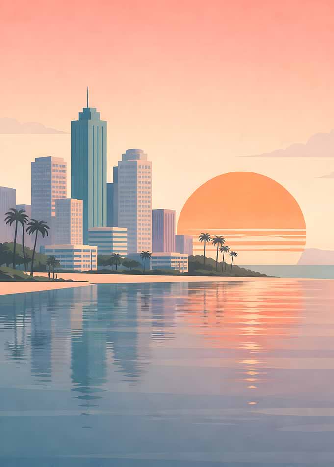 Retro Cityscape Sunset Reflection