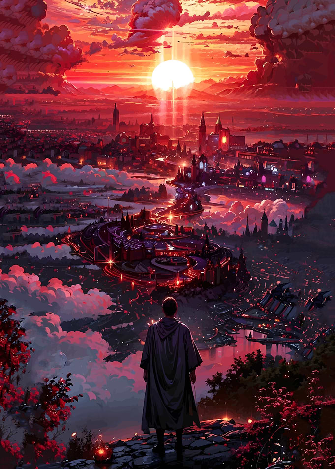 Man overlooking a futuristic city at sunset
