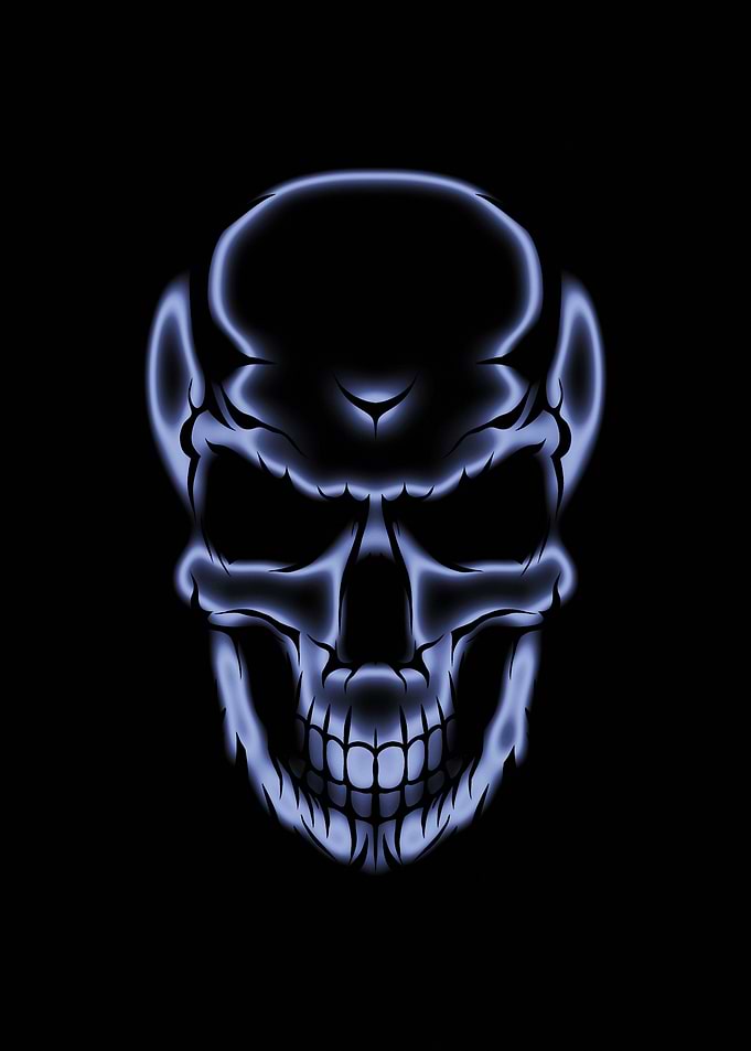 Glowing Blue Skull on Black Background