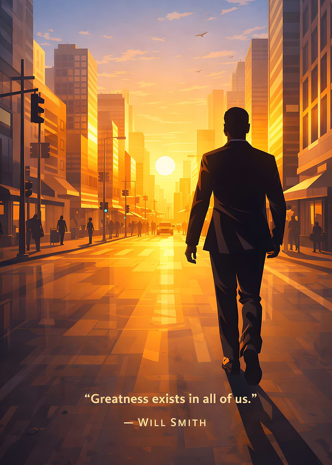 Man walking towards sunset in city