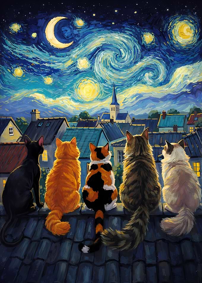 Cats on a Rooftop Under Starry Night Sky