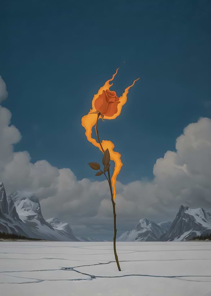 Rose on Fire in Snowy Landscape