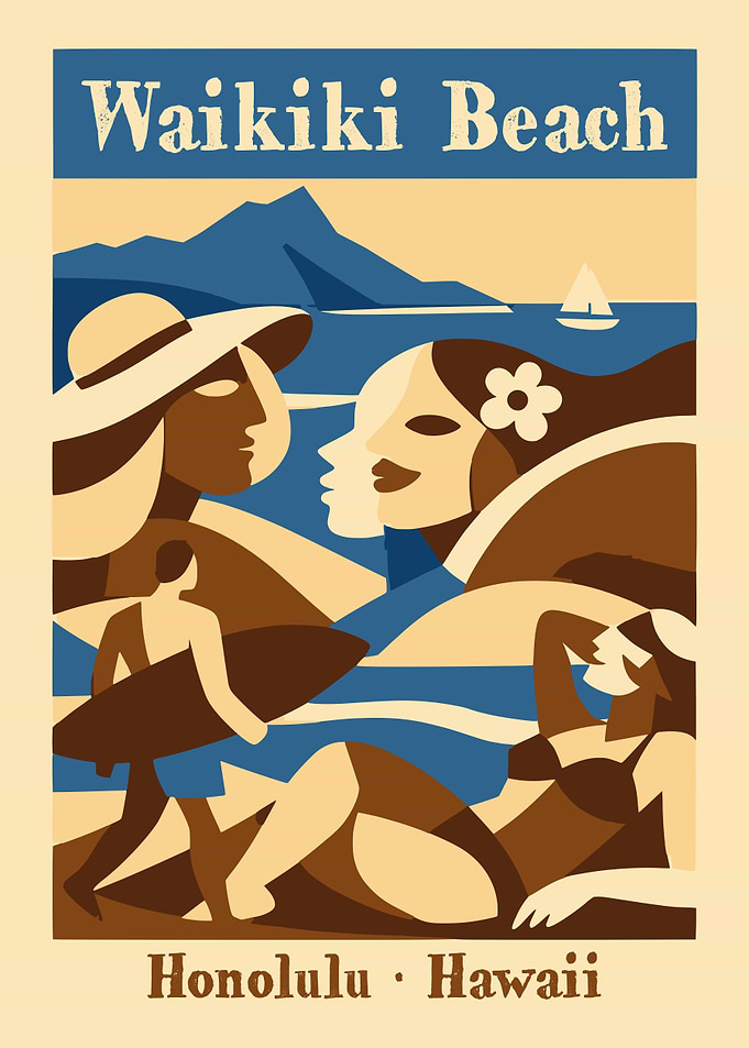 Waikiki Beach Honolulu Hawaii Vintage Poster