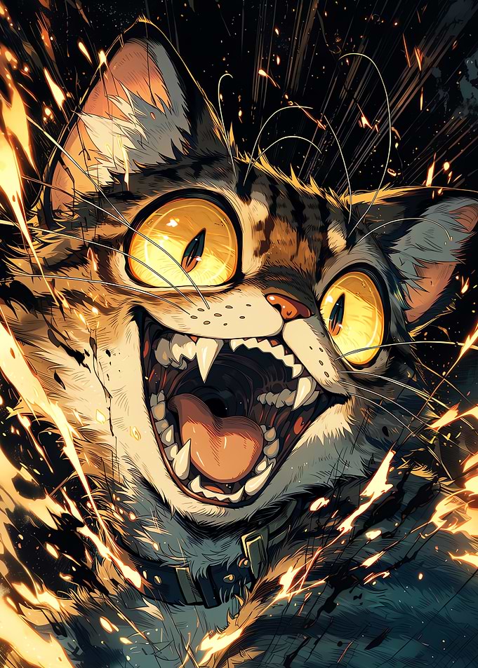 Crazy feral cat with fiery eyes
