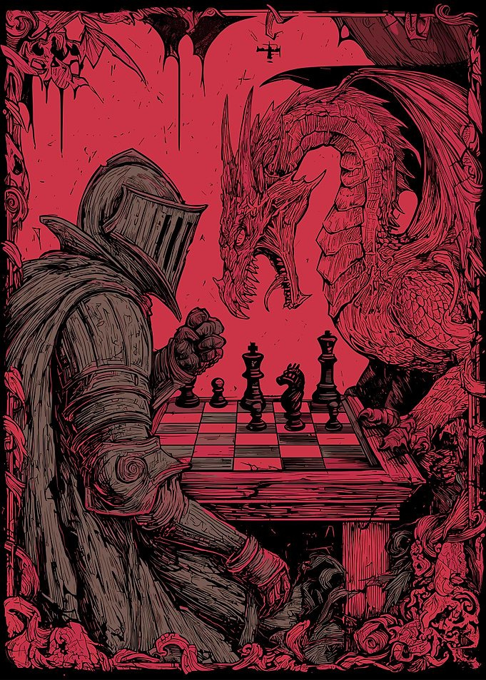 Knight and Dragon Playing Chess