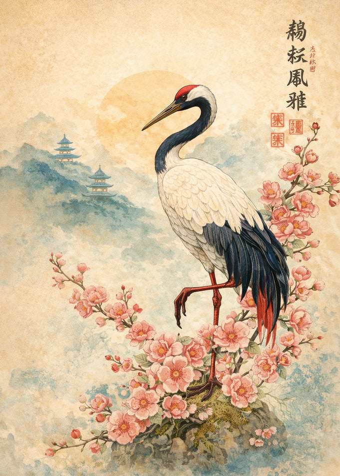 Red-crowned Crane with Cherry Blossoms
