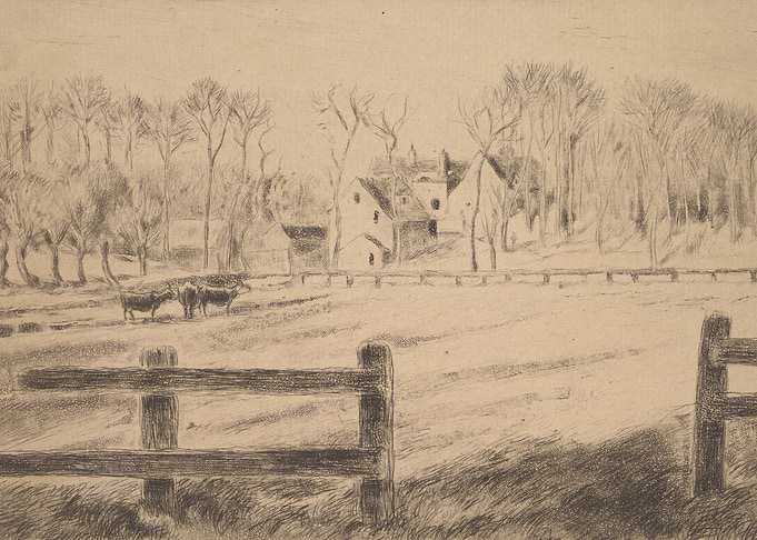 Rural Farm Scene with Cattle and Trees