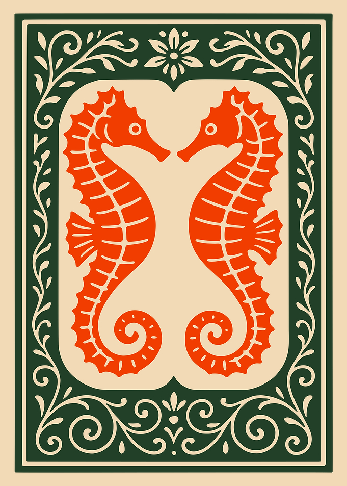 Two Orange Seahorses in Decorative Frame