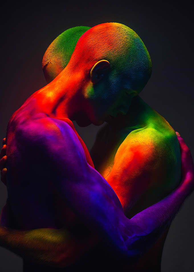 Gay couple rainbow body paint