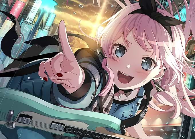 Anime Girl with Pink Hair and Guitar