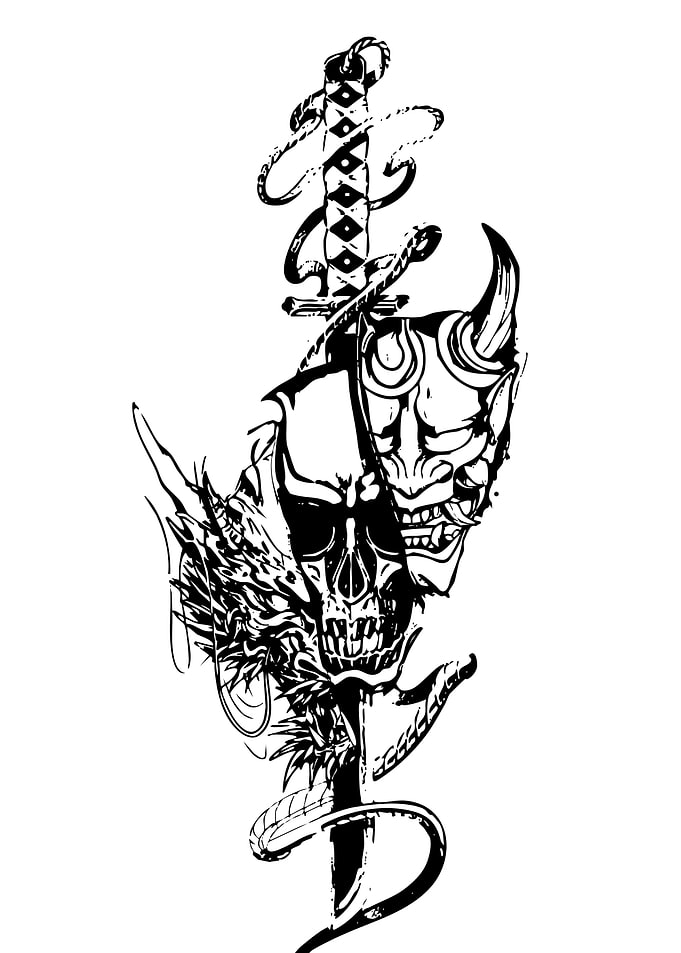 Japanese Oni Mask and Skull Tattoo Design