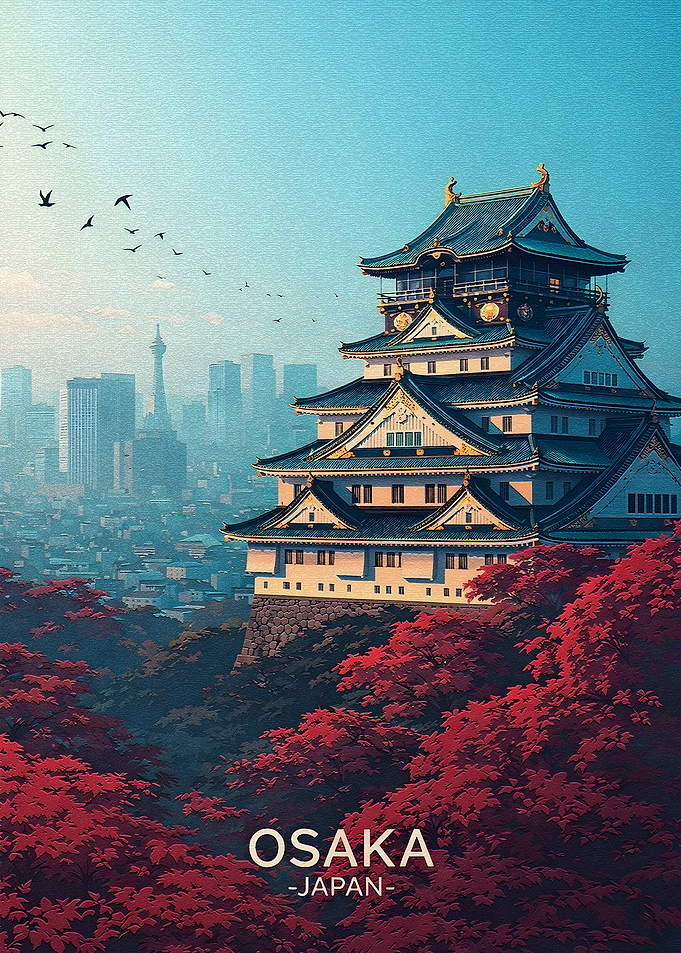 Osaka Castle with Red Maple Trees