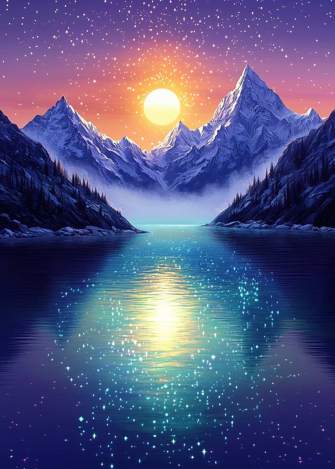 Pixel Art Mountain Lake at Sunset