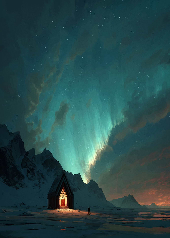 Aurora Borealis over a Snowy Cabin