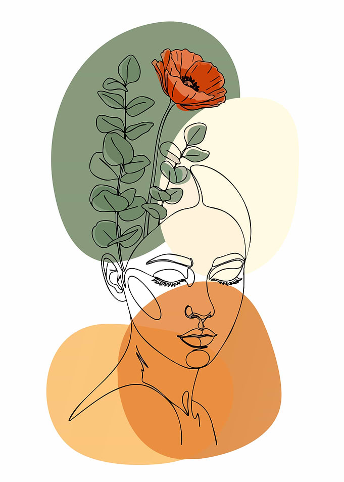Line Art Woman with Poppy and Eucalyptus